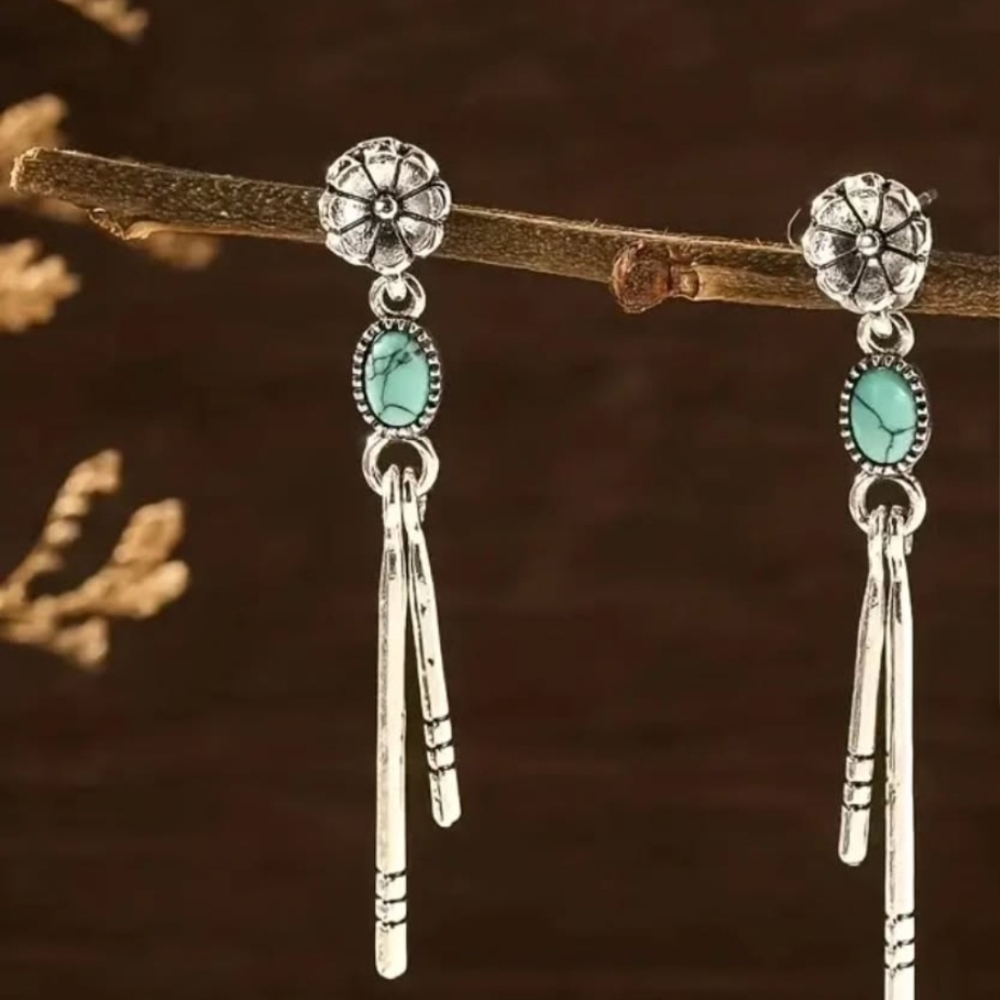 Floral Silver and Turquoise Drop Earrings